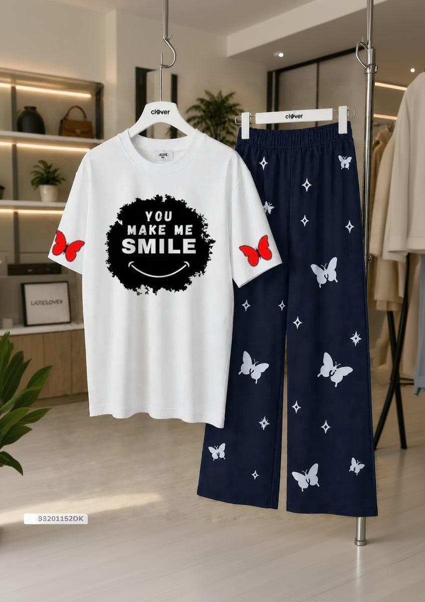 Women Printed Night Suit White Blue Butterfly Jersey 2 Pcs