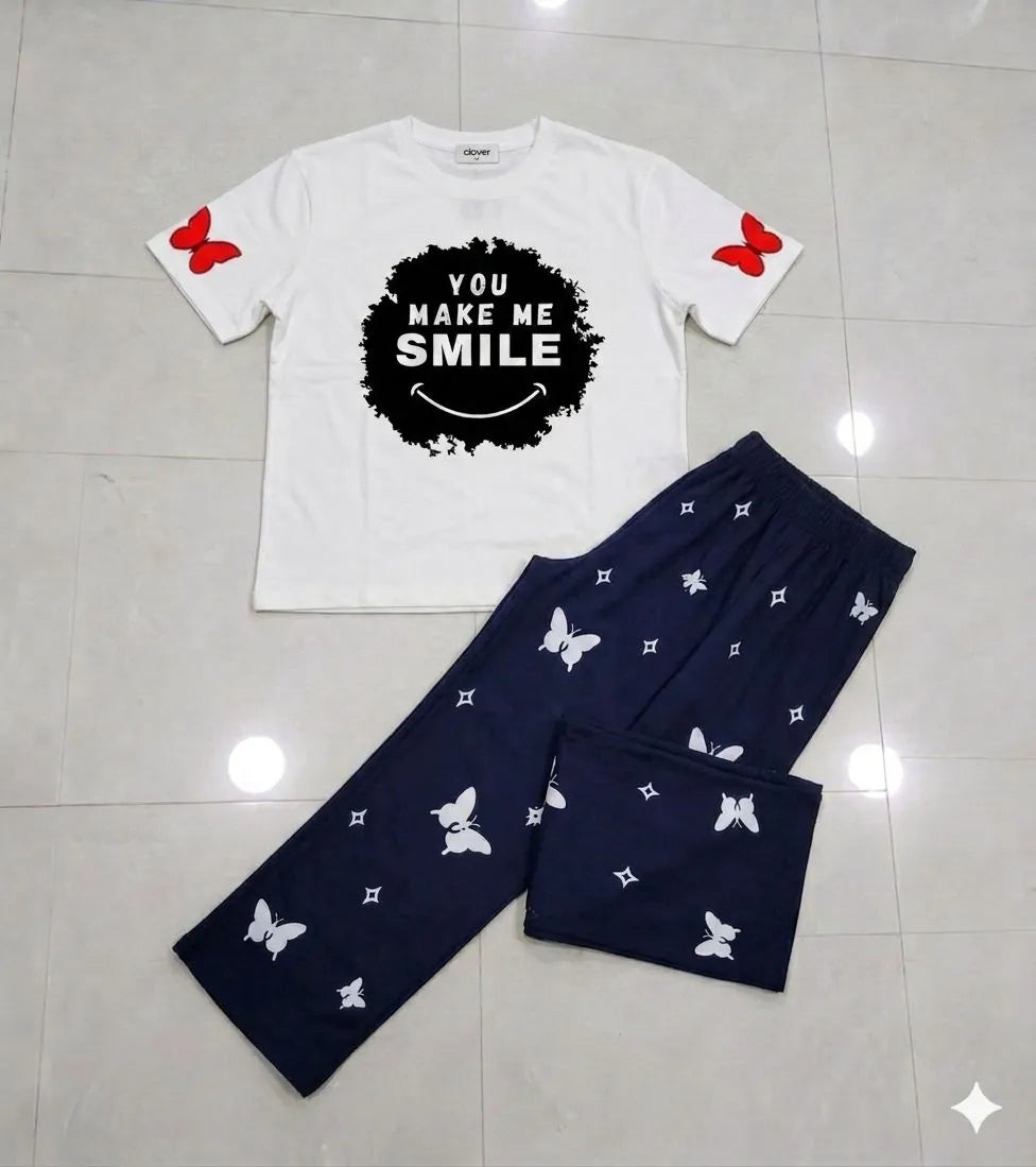 Women Printed Night Suit White Blue Butterfly Jersey 2 Pcs