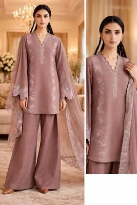 Pakistani Embroidered Kurta Set Pink Floral Long Sleeve