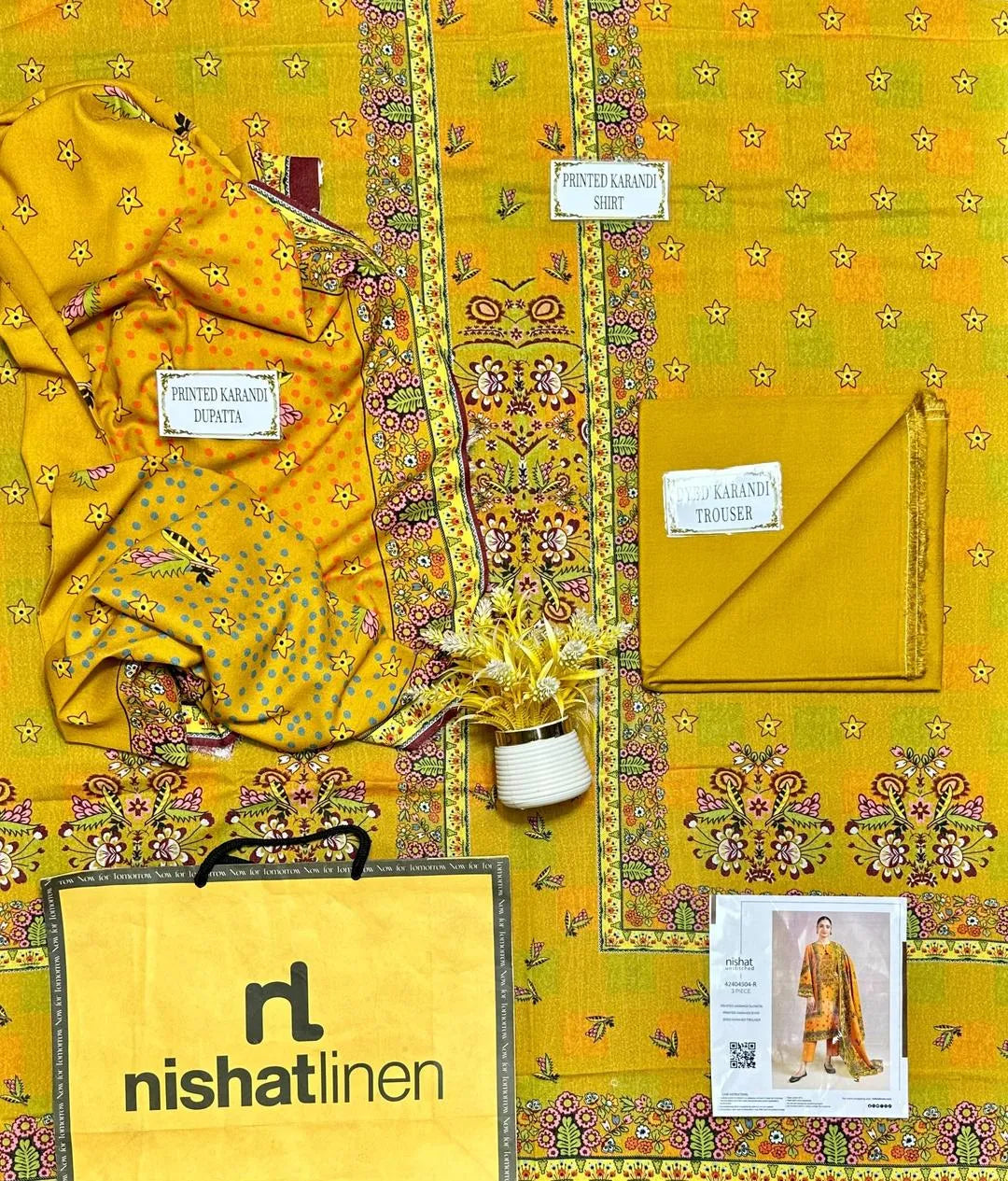 Golden Floral Printed 3-Piece Karandi Suit for Women
