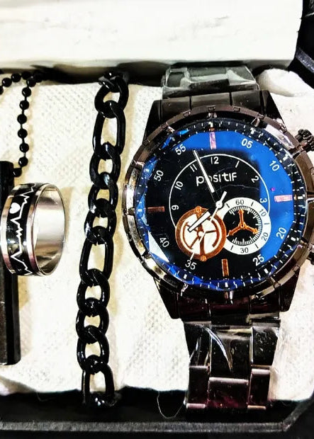 Men's Business Watch Deal -Elegant Mens Casual Watch +Chain Braclete +Heart Beat Ring