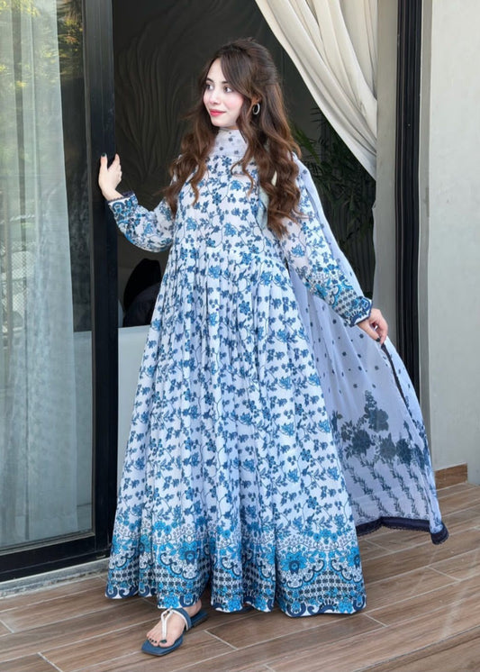 3 Pcs Women's Stitched Arabic Lawn Printed Maxi Suit