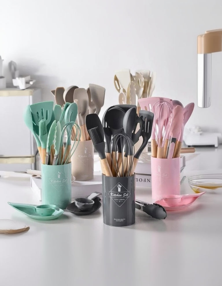 12-Piece Premium Silicone Kitchen Utensils Set with Wooden Handles