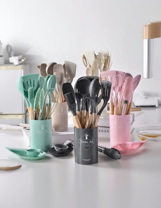 12-Piece Premium Silicone Kitchen Utensils Set with Wooden Handles