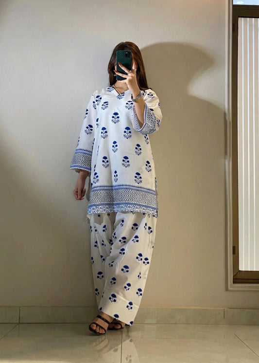 Front and Back Blue Berry Printed Shirt with Farshi Shalwar 2Pcs