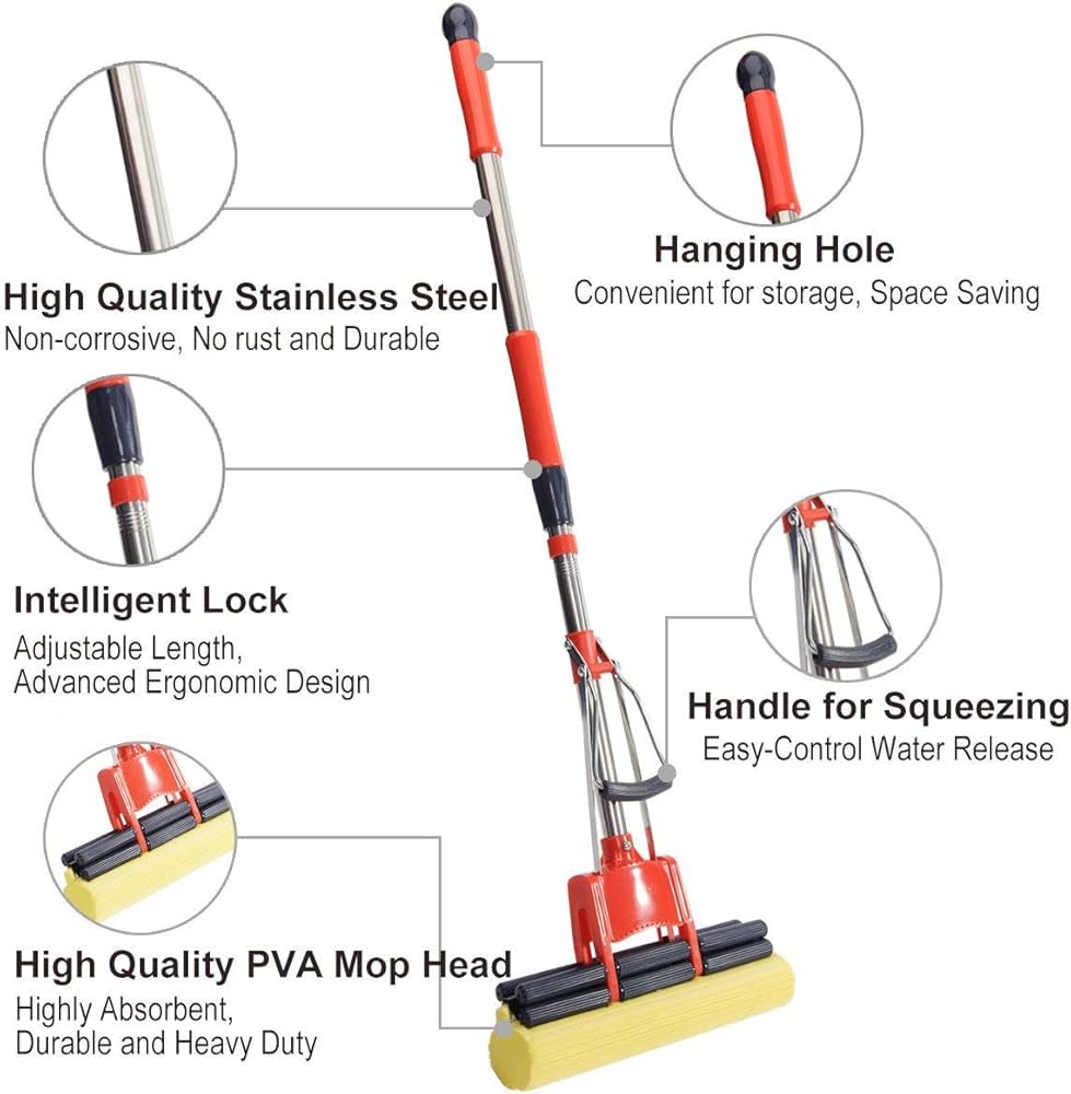 HEAVY DUTY SPONGE MOP SUPER ABSORBENT CLEANING FLOOR TELESCOPIC SPONGE HANDLE 3 Mop Heads