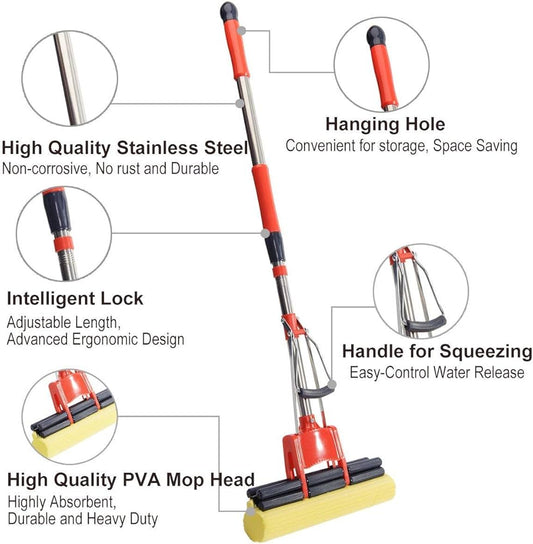 HEAVY DUTY SPONGE MOP SUPER ABSORBENT CLEANING FLOOR TELESCOPIC SPONGE HANDLE 3 Mop Heads